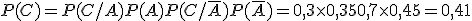 P(C) = P(C/A)P(A) + P(C/ \overline{A} )P( \overline{A} ) = 0,3 \times   0,35 + 0,7\times  0,45 = 0,41