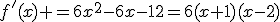 f'(x) =6x^2-6x-12=6(x+1)(x-2)