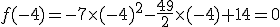 f(-4) = -7\times (-4)^2 - \frac{49}{2}\times (-4) + 14 = 0