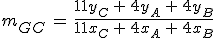 m_{GC}\,=\,\frac{11y_C\,+\,4y_A\,+\,4y_B}{11x_C\,+\,4x_A\,+\,4x_B}