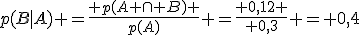 p(B|A) =\frac{ p(A \cap B) }{p(A)} =\frac{ 0,12 }{ 0,3} = 0,4