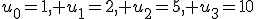 u_0=1, u_1=2, u_2=5, u_3=10