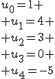 u_0=1 \\\\ u_1=4 \\\\ u_2=3 \\\\ u_3=0 \\\\ u_4=-5