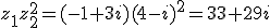 z_1z_2^2=(-1+3i)(4-i)^2=33+29i