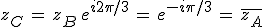 z_C\,=\,z_B\,e^{i2\pi/3}\,=\,e^{-i\pi/3}\,=\,\overline{z_A}