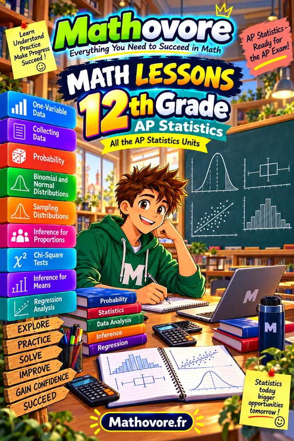 Cover of the Mathovore book “AP Statistics Math Lessons”, printable PDF