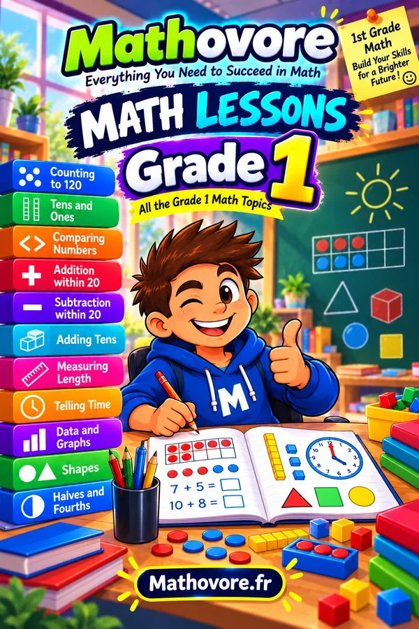 Cover of the Mathovore book “Grade 1 Math Lessons”, printable PDF