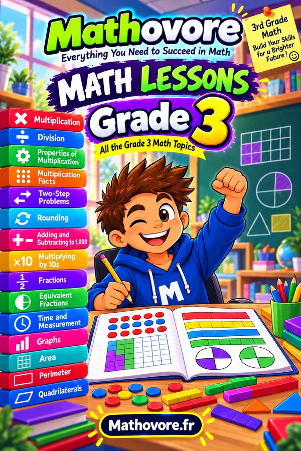Cover of the Mathovore book “Grade 3 Math Lessons”, printable PDF