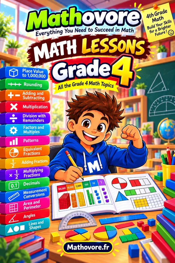 Cover of the Mathovore book “Grade 4 Math Lessons”, printable PDF