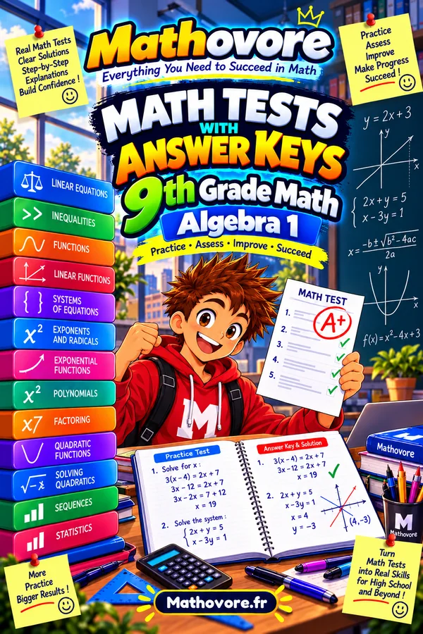 Cover of the Mathovore book “Algebra 1 Math Tests with Answer Keys”, printable PDF