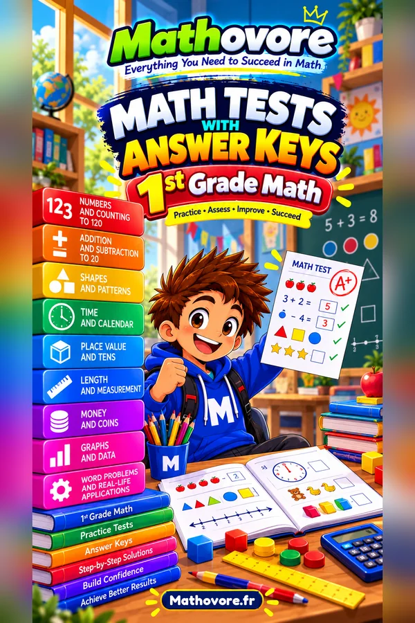 Cover of the Mathovore book “Grade 1 Math Tests with Answer Keys”, printable PDF
