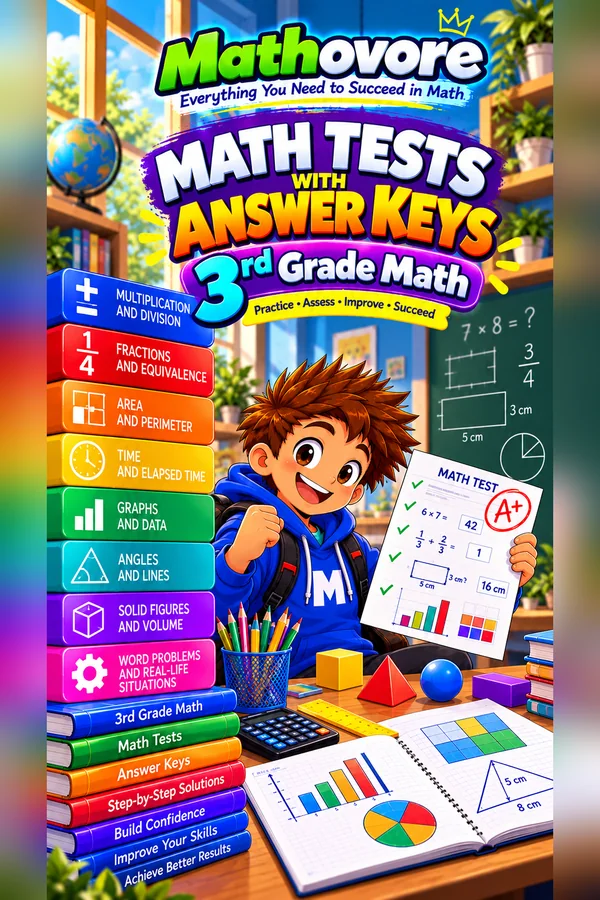 Cover of the Mathovore book “Grade 3 Math Tests with Answer Keys”, printable PDF