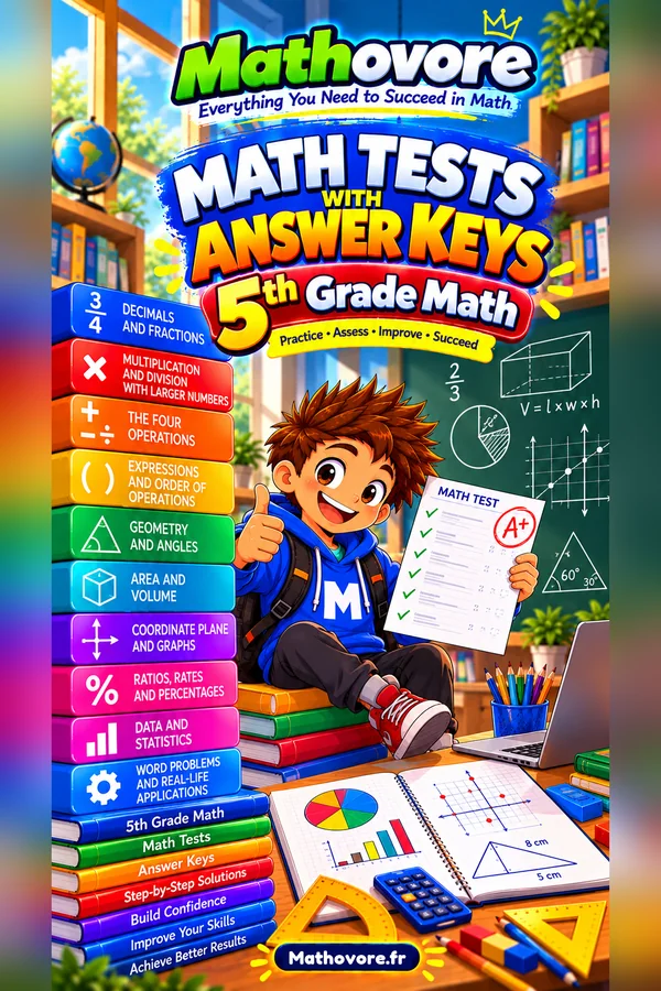 Cover of the Mathovore book “Grade 5 Math Tests with Answer Keys”, printable PDF