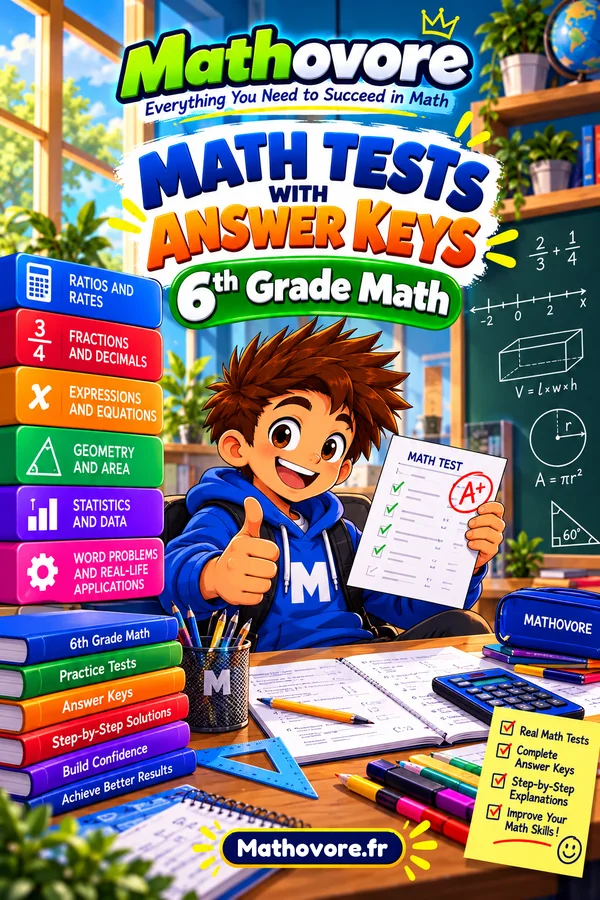 Cover of the Mathovore book “Grade 6 Math Tests with Answer Keys”, printable PDF
