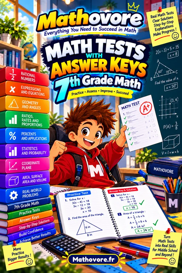 Cover of the Mathovore book “Grade 7 Math Tests with Answer Keys”, printable PDF