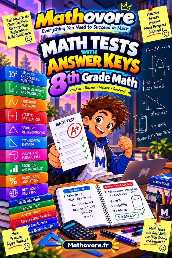 Cover of the Mathovore book “Grade 8 Math Tests with Answer Keys”, printable PDF