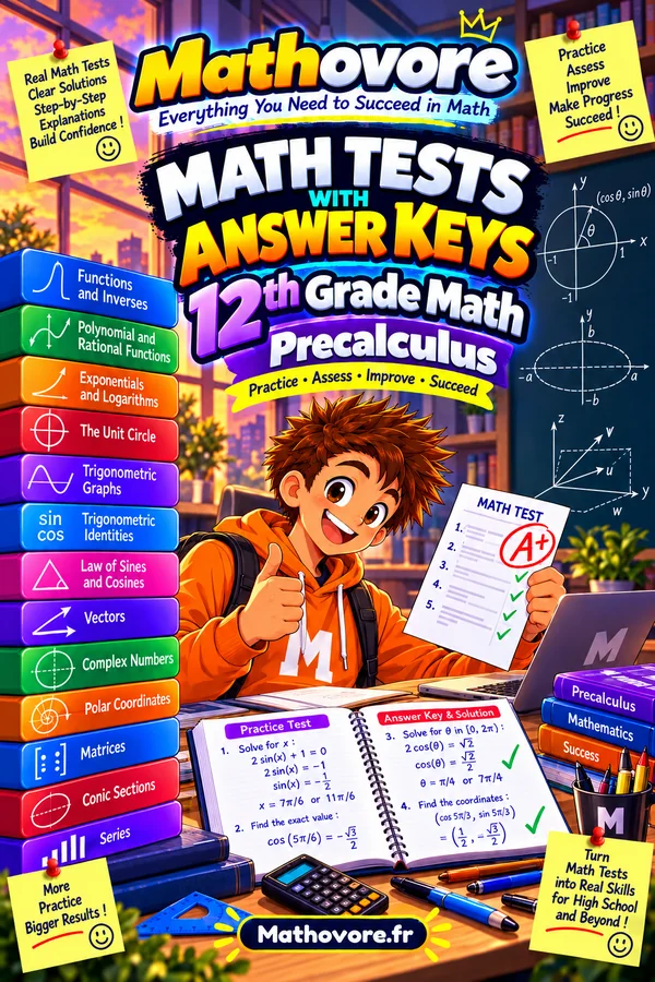 Cover of the Mathovore book “Precalculus Math Tests with Answer Keys”, printable PDF