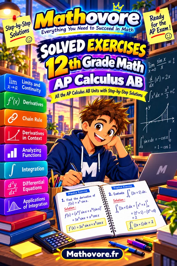 Cover of the Mathovore book “AP Calculus AB Math Worksheets with Answer Keys”, printable PDF