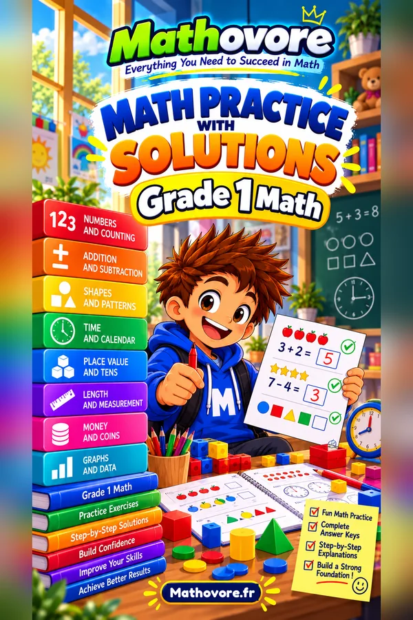 Cover of the Mathovore book “Grade 1 Math Worksheets with Answer Keys”, printable PDF