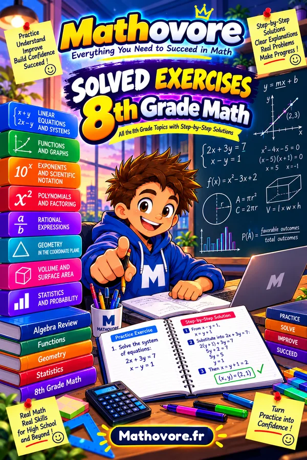 Cover of the Mathovore book “Grade 8 Math Worksheets with Answer Keys”, printable PDF