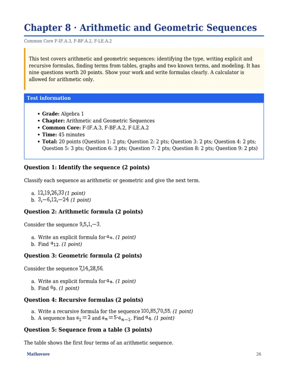 Page 26 of the Mathovore book “Algebra 1 Math Tests with Answer Keys”