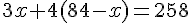 3x+4(84-x)=258