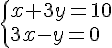  \{ x+3y=10\\ 3x-y=0 .