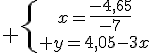 \{{x=\frac{-4,65}{-7}\atop y=4,05-3x}