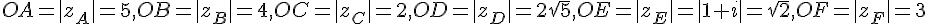 OA=|z_A|=5 , OB=|z_B|=4 , OC=|z_C|=2 , OD=|z_D|=2 \sqrt{5} , OE=|z_E|=|1+i|= \sqrt{2} , OF=|z_F|=3