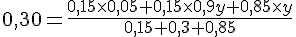 0,30 =\frac{ 0,15 \times   0,05 + 0,15\times  0,9y + 0,85\times   y}{0,15 + 0,3 + 0,85}
