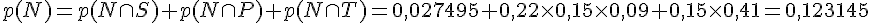 p(N) = p(N \cap S) + p(N \cap P) + p(N \cap T) = 0,027495 + 0,22 \times   0,15 \times   0,09 + 0,15 \times   0,41 = 0,123145