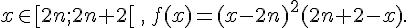  x\in [2n;2n+2[\,,\, f(x)=(x-2n)^2(2n+2-x).