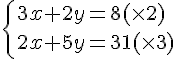 \{ 3x+2y=8(\times 2)\\2x+5y=31 (\times 3).