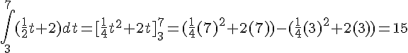 \int_{3}^{7}(\frac{1}{2}t+2)dt=[\frac{1}{4}t^2+2t]_{3}^{7}=(\frac{1}{4}(7)^2+2(7))-(\frac{1}{4}(3)^2+2(3))=15