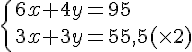 \{ 6x+4y=95\\3x+3y=55,5 (\times 2).