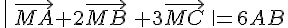 \,\|\,\vec{MA}+2\vec{MB}\,+3\vec{MC}\,\,\|=6AB