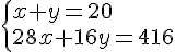  \{ x+y=20\\28x+16y=416 .
