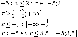 -5lt;x\leq\, 2\,:\,x\in]-5;2]\\x\geq\, \frac{3}{2}\,:\,[\frac{3}{2};+\infty[\\x\leq\, -\frac{1}{4}\,:\,]-\infty;-\frac{1}{4}]\\xgt;-5\,et\,x\leq\, 3,5\,:\,]-5;3,5]