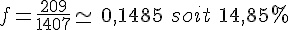 f=\frac{209}{1407}\simeq\,0,1485\,\,soit\,\,14,85\%