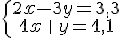 \{\begin{matrix} 2x+3y=3,3 \, \, \\ 4x+y=4,1\, \, \end{matrix}.