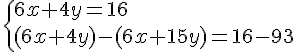 \{ 6x+4y=16\\(6x+4y)-(6x+15y)=16-93 .