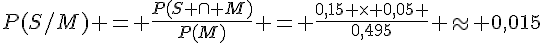 P(S/M) = \frac{P(S \cap M)}{P(M)} = \frac{0,15 \times   0,05 }{0,495} \approx 0,015