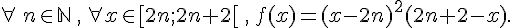 \forall\,n\in \mathbb{N}\,,\,\forall x\in [2n;2n+2[\,,\, f(x)=(x-2n)^2(2n+2-x).