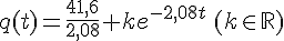 q(t) =\frac{41,6}{2,08} +ke^{-2,08t} \,(k\in\mathbb{R})