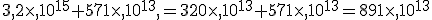 3,2\times ,10^{15}+571\times ,10^{13},=320\times ,10^{13}+571\times ,10^{13}=891\times ,10^{13}