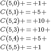 C(5,0) = 1 \\C(5,1) = 5 \\C(5,2) = 10 \\C(5,3) = 10 \\C(5,4) = 5 \\C(5,5) = 1