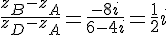 \frac{z_B-z_A}{z_D-z_A}=\frac{-8i}{6-4i}=\frac{1}{2}i