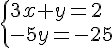  \{ 3x+y=2\\-5y=-25 .
