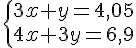  \{ 3x+y=4,05\\4x+3y=6,9 .