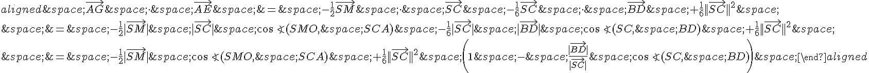 \begin{aligned}\,\vec{AG}\,\times \,\,\vec{AE}\,=\,-\frac{1}{2}\vec{SM}\,\times \,\,\vec{SC}\,-\frac{1}{6}\vec{SC}\,\times \,\,\vec{BD}\,+\frac{1}{6}||\vec{SC}||^2\,\\,=\,-\frac{1}{2}|\vec{SM}|\,|\vec{SC}|\,\cos\angle(SMO,\,SCA)\,-\frac{1}{6}|\vec{SC}|\,|\vec{BD}|\,\cos\angle(SC,\,BD)\,+\frac{1}{6}||\vec{SC}||^2\,\\,=\,-\frac{1}{2}|\vec{SM}|\,\cos\angle(SMO,\,SCA)\,+\frac{1}{6}||\vec{SC}||^2\,(1\,-\,\frac{|\vec{BD}|}{|\vec{SC}|}\,\cos\angle(SC,\,BD))\,\end{aligned}
